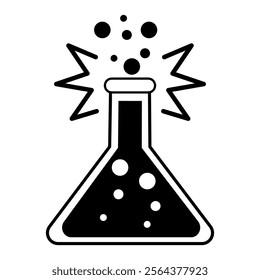 A simple black and white illustration of a laboratory flask with bubbles and lines indicating and explosive reaction.