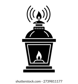 A simple black and white illustration of a lantern with a flame inside and radio waves emanating from the top