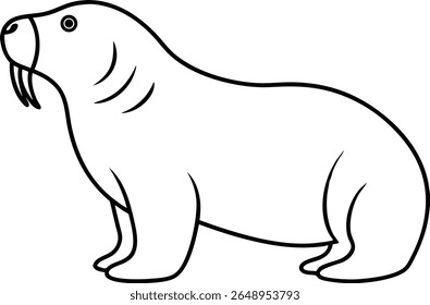 Simple black and white illustration of a large walrus animal cartoon character