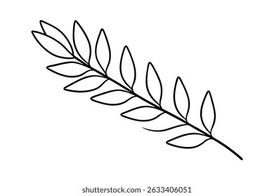 Simple black and white illustration of a leafy branch for design elements and decoration