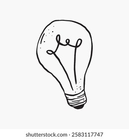 Simple black and white illustration of a light bulb. The light bulb drawing features a classic filament design. Minimalist light bulb sketch on a plain background. Line art illustration vector.