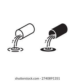 Simple black and white illustration of liquid pouring from a cylindrical container