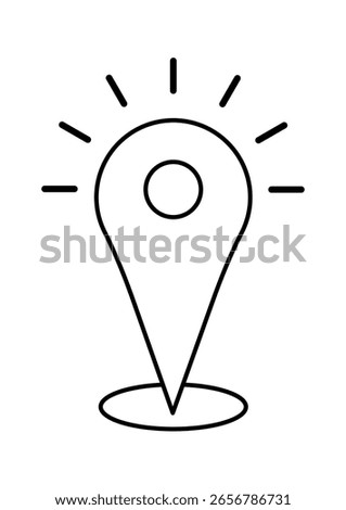 A simple black and white illustration of a location pin with radiating lines, symbolizing prominence or importance.