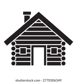 A simple black and white illustration of a log cabin with a triangular roof, chimney, two windows, and a door, on a white background