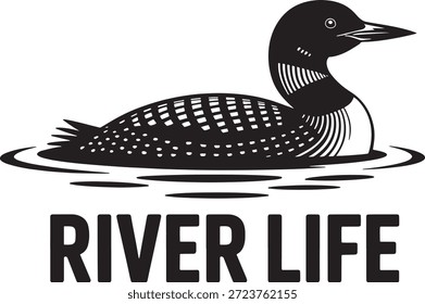 Ilustración simple en blanco y negro de un pájaro león flotando en aguas tranquilas con la vida del río escrita debajo en letras mayúsculas en negrita.