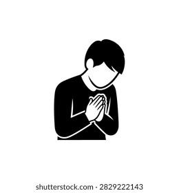 A simple black and white illustration of a man bowing with his hands clasped together in front of his chest, symbolizing respect or apology.