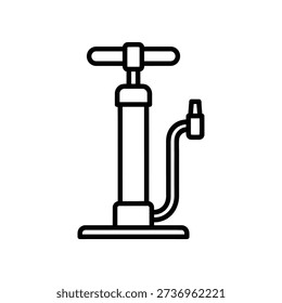 Simple black and white illustration of a manual bicycle pump with a handle and hose.