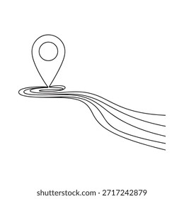A simple black and white illustration of a map pin and flowing lines