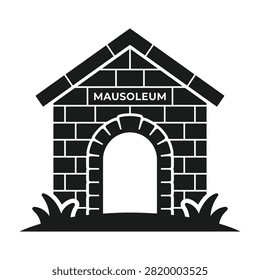 Simple black and white illustration of a mausoleum entrance with brick archway and sign