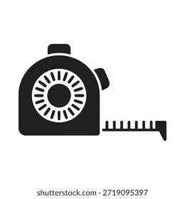 Ilustración simple en blanco y negro de una cinta métrica y su mecanismo
