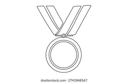 Simple black and white illustration of a medal with a ribbon on a white background