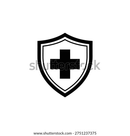 A simple black and white illustration of a medical shield with a cross, representing health and protection.
