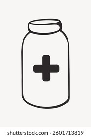 Simple black and white illustration of a medicine bottle with a cross symbol. Medicine bottle icon. Minimalist design of a medicine bottle with a cross. Cute vector illustration.