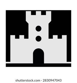 A simple black and white illustration of a medieval castle with a tower and battlements, symbolizing history and fortification.