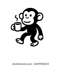 Simple black and white illustration of a monkey holding a steaming mug of coffee