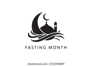 Simple ilustración en blanco y negro de la mezquita y la luna creciente que simboliza el mes de ayuno con líneas fluidas