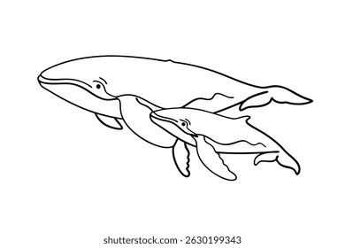Simple black and white illustration of a mother whale swimming with her baby whale