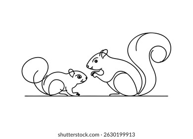 Simple black and white illustration of mother and baby squirrels on white background