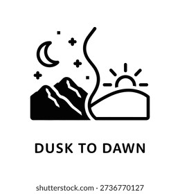 Simple black and white illustration of mountains, sun, moon, and stars transitioning from dusk to dawn