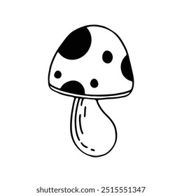 A simple black and white illustration of a mushroom with large spots on the cap