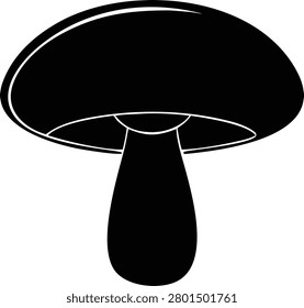 A simple black and white illustration of a mushroom with a large rounded cap and a thick stem on a pure white background