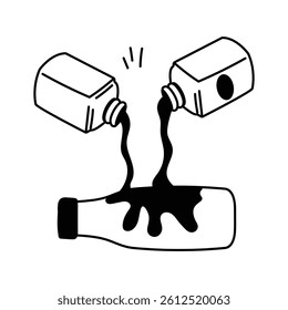 Simple black and white illustration of nail polish being poured from small bottles into a larger bottle