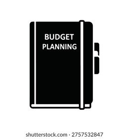 A simple black and white illustration of a notebook binder labeled 'BUDGET PLANNING'
