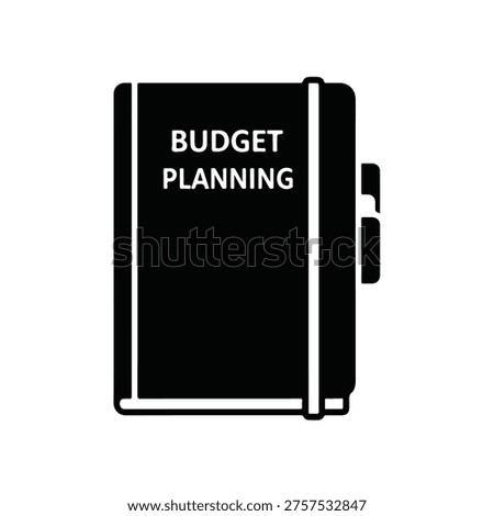 A simple black and white illustration of a notebook binder labeled 'BUDGET PLANNING'