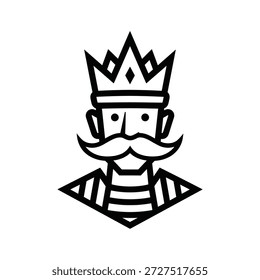 Ilustração simples em preto e branco de um ícone de rei quebra-nozes com coroa e bigode