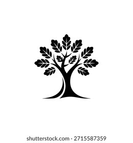 Ilustração simples em preto e branco de um carvalho com folhagem detalhada
