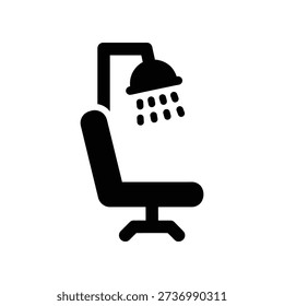 Simple black and white illustration of an office chair under a shower head with water droplets.