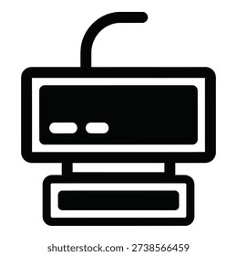 Simple black and white illustration of old computer with monitor and keyboard icon