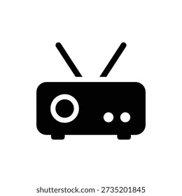 Simple, black and white illustration of an old-fashioned radio with antenna.