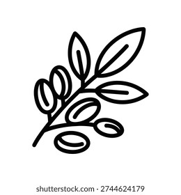 Simple black and white illustration of an olive branch with leaves and fruits, symbolizing peace and harmony.