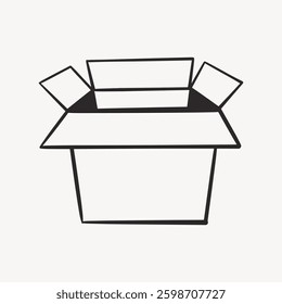 Simple black and white illustration of an open box. The box is depicted with flaps open. Minimalist design emphasizes the box's shape and structure. Vector illustration.