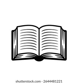 Simple black and white illustration of an open book isolated on white background