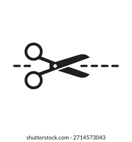 Simple ilustración en blanco y negro de tijeras abiertas cortando una línea discontinua