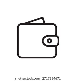 Una simple ilustración en blanco y negro de una cartera abierta. La cartera es rectangular con una solapa asegurada por un cierre de Botón. Dentro de la cartera, parece haber un solo compartimento o bolsillo.