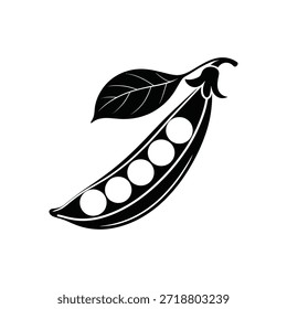 Uma ilustração simples em preto e branco de uma vagem de ervilha aberta com sementes