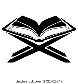 Una simple ilustración en blanco y negro de un libro abierto que descansa sobre un atril, con líneas limpias y detalles mínimos, sobre un fondo blanco puro.
