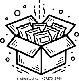 Una simple ilustración en blanco y negro de un bocadillo de caja abierta rebosante de efectivo