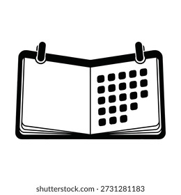 Una simple ilustración en blanco y negro de un libro abierto con un calendario en una página y un espacio en blanco en la otra, sobre un fondo blanco