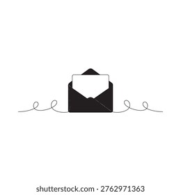 Simple black and white illustration of an open envelope with swirls
