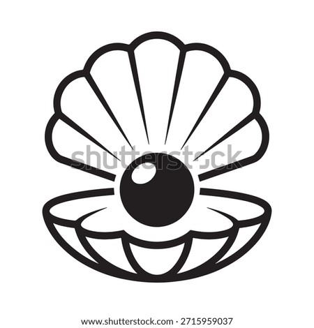 A simple black and white illustration of an open seashell with a pearl
