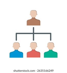 Simple black and white illustration of an organizational chart.  Shows a hierarchical structure with a manager or leader at the top overseeing a team of three.