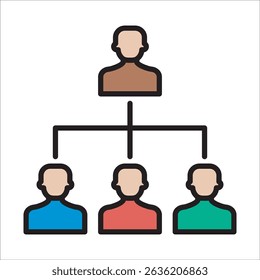 Simple black and white illustration of an organizational chart.  Shows a hierarchical structure with a manager or leader at the top overseeing a team of three