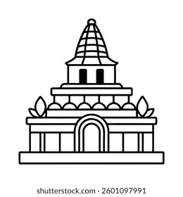Simple black and white illustration of an ornate temple.