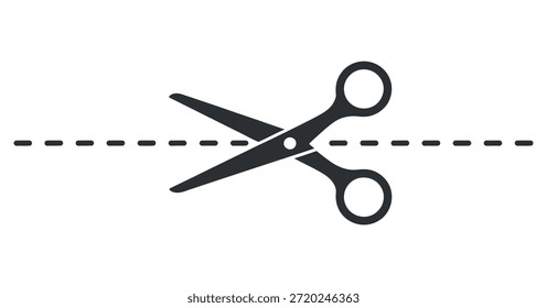 Una simple ilustración en blanco y negro de un par de tijeras abiertas sobre una línea de puntos