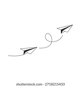 Simple black and white illustration of paper airplanes in flight with curved trails
