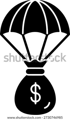 A simple black and white illustration of a parachute with a money bag attached, floating gently downwards, on a pure white background.